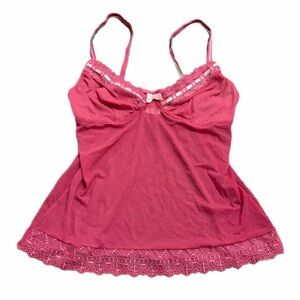 90s Y2K European Vintage Sheer Mesh Lace Trim Cami Top (Pink) Size Medium